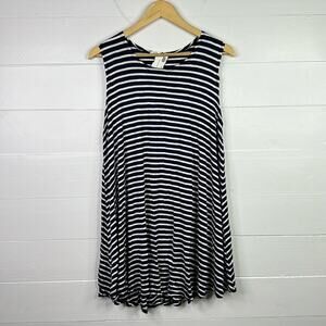 TRES BIEN Navy Blue White Stripe Sleeveless Tank Babydoll Tunic Dress Size Large
